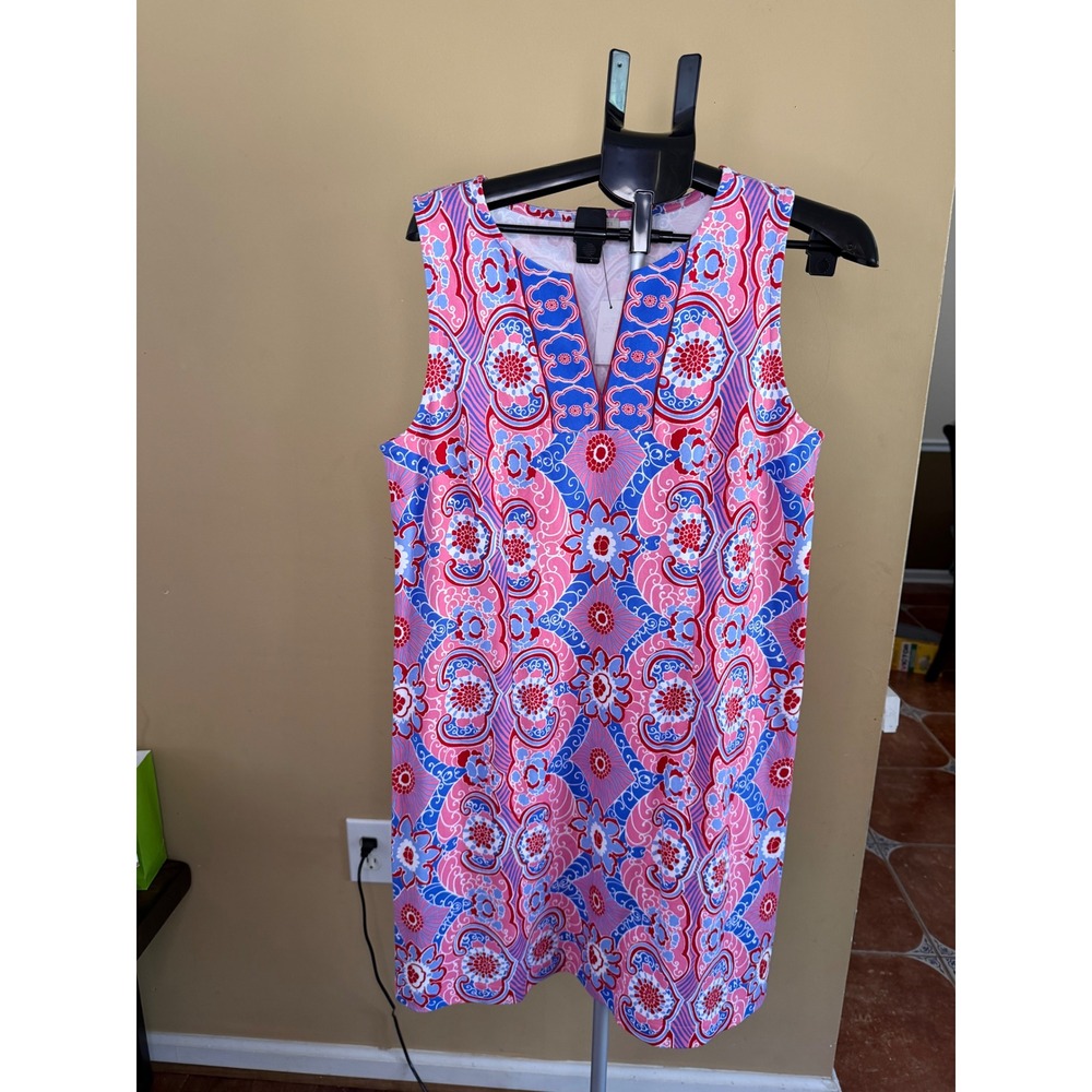 Talbots Womens Pink Blue Medallion Floral Split‎ Neck Shift Dress Large NWT